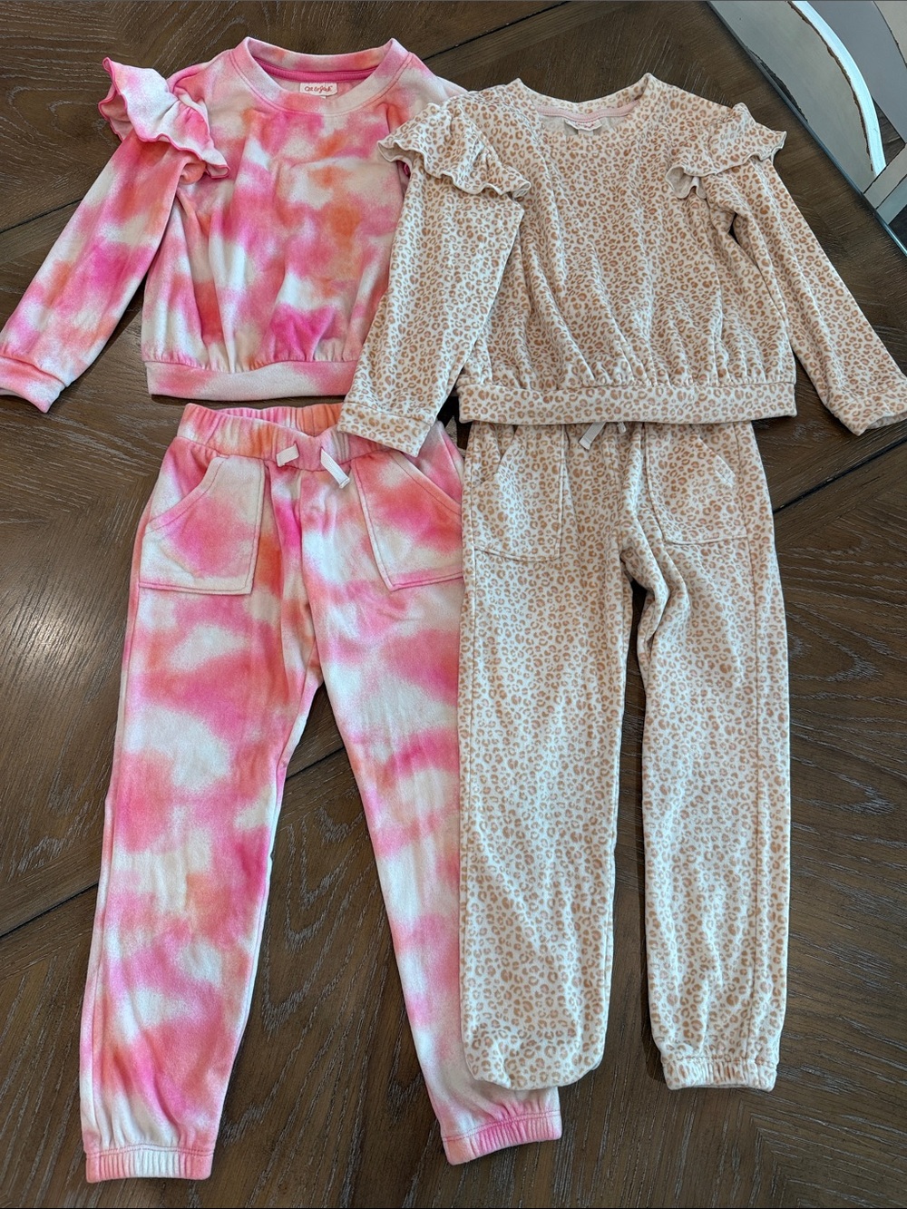 Cat & Jack Pink Tie-Dye and Cream Leopard Ruffle Pajama Set Duo